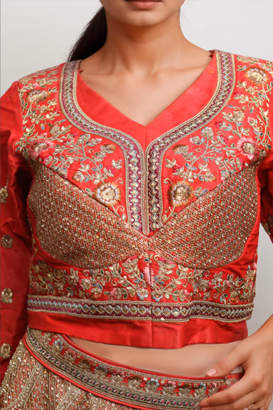 Rani Pink Velvet Lehenga With Golden Embroidered Blouse Along With Multicolor Threadworked Skirt And Same… — view 5 of 5