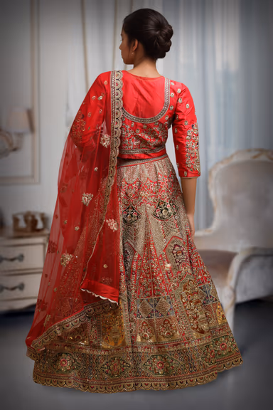 Rani Pink Velvet Lehenga With Golden Embroidered Blouse Along With Multicolor Threadworked Skirt And Same… — view 4 of 5