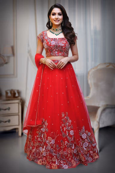 Elegant Red Bridal Lehenga with Heavy Silver Floral Embroidery — view 2 of 3