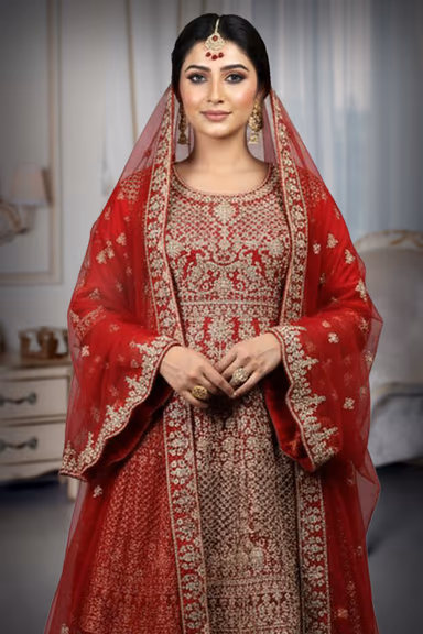 Red Heavy Embellished Bridal Peplum Lehenga With Golden Stone Details On Skirt ,Top And Dupatta — view 1 of 2