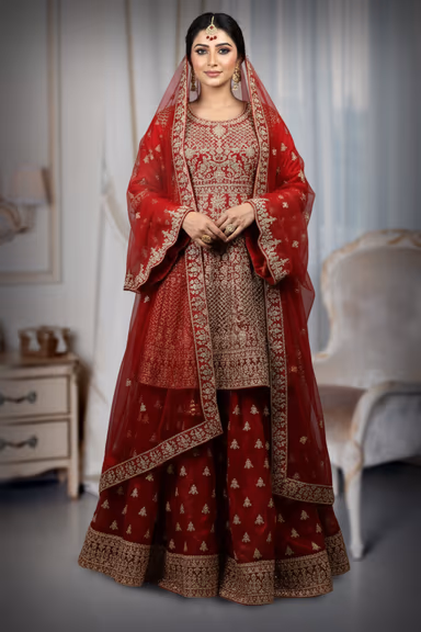 Red Heavy Embellished Bridal Peplum Lehenga With Golden Stone Details On Skirt ,Top And Dupatta — view 2 of 2