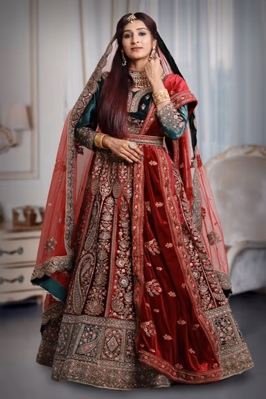 Red and green velvet heavy work lehenga — view 2 of 5