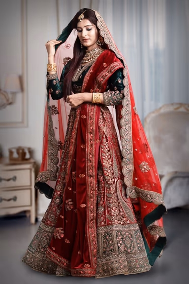 Red and green velvet heavy work lehenga — view 3 of 5