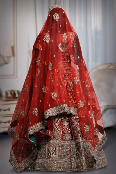 Red and green velvet heavy work lehenga — view 5 of 5