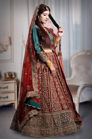 Red and green velvet heavy work lehenga — view 4 of 5