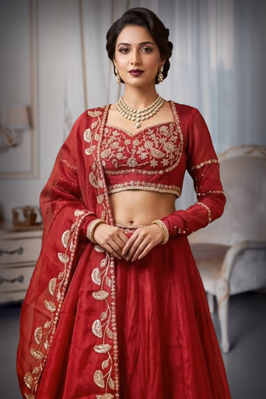 Red Organza Lehenga with Kotari Work Designer Blouse — view 1 of 2