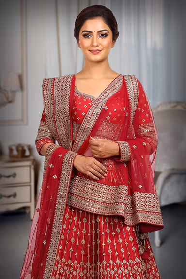 Red Silk Lehenga With Intricate Golden Handwork Details In Skirt And Top Along With Same Color Dupatta — view 1 of 3