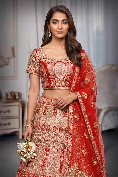 Red Heavy Worked Bridal Lehenga With Magenta Pink Border Details And Double Dupatta — view 1 of 3