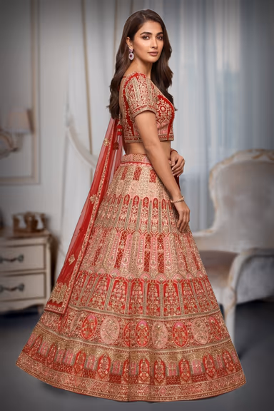 Red Heavy Worked Bridal Lehenga With Magenta Pink Border Details And Double Dupatta — view 3 of 3