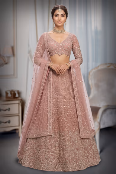 Regal Blush Pink Heavily Embellished Net Lehenga Choli with Gold Zari & Sequin Detail — view 2 of 2