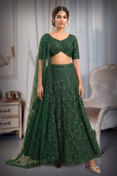 Regal Emerald Green Heavily Embellished Net Lehenga Choli with Concentric Sequin Motifs and Bead Fringe — view 2 of 2