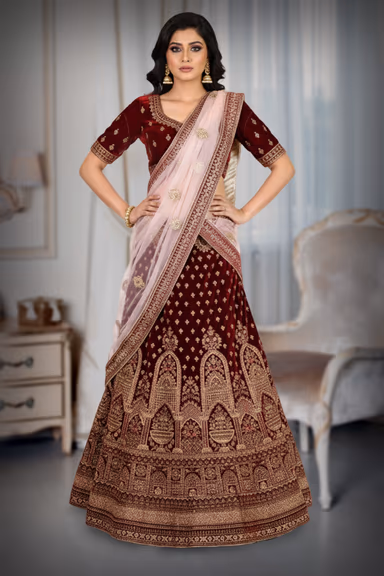 Regal Maroon Velvet Bridal Lehenga with Contrast Dupatta — view 2 of 4