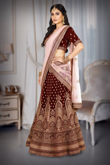 Regal Maroon Velvet Bridal Lehenga with Contrast Dupatta — view 3 of 4