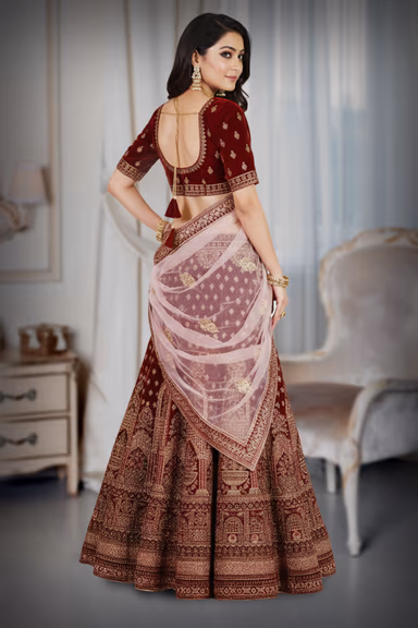 Regal Maroon Velvet Bridal Lehenga with Contrast Dupatta — view 4 of 4