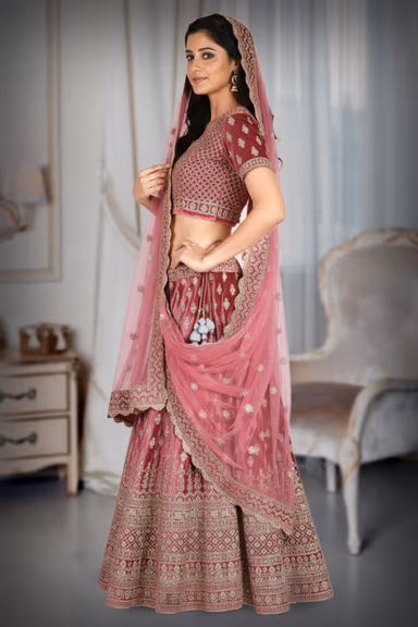 Regal onion pink velvet lehenga with golden embroidery — view 3 of 4