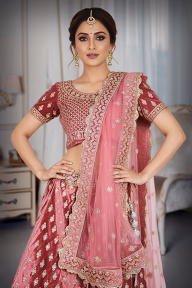 Regal onion pink velvet lehenga with golden embroidery — view 1 of 4