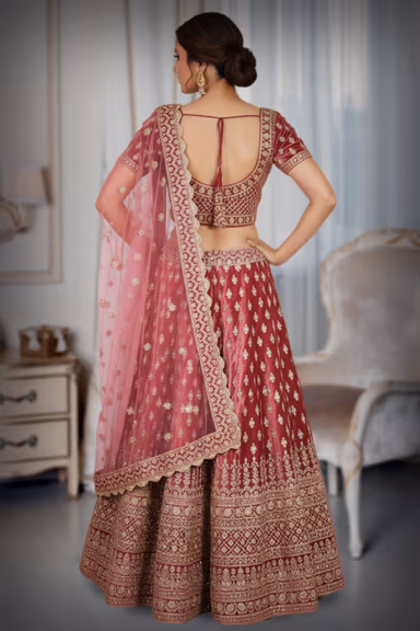 Regal onion pink velvet lehenga with golden embroidery — view 4 of 4