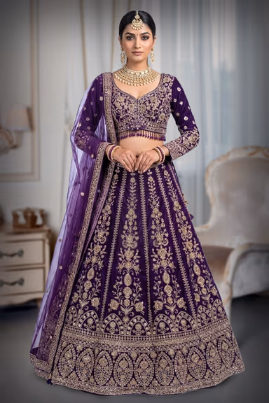 Regal Purple net  Lehenga Set with All-over Gold Zari & Sequin Embellishment — view 2 of 2