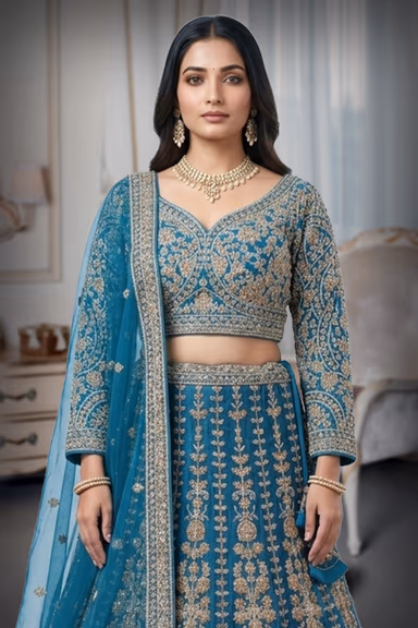 Regal Teal Blue Net Lehenga Choli with Gold Zari and Sequin Embellishment — view 1 of 2
