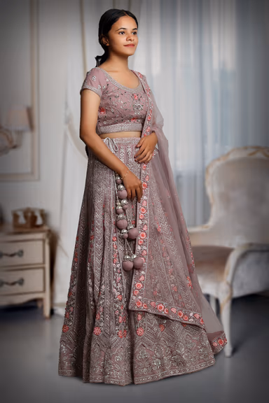 Rose Pink Bridal Lehenga With Threadworked Floral Details Along With Same Color Dupatta — view 3 of 4