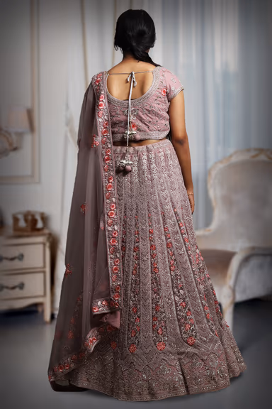 Rose Pink Bridal Lehenga With Threadworked Floral Details Along With Same Color Dupatta — view 4 of 4