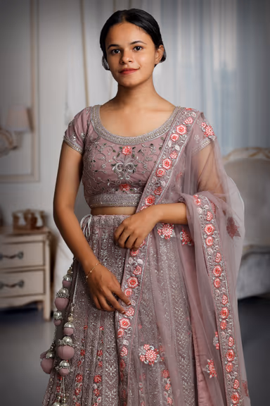 Rose Pink Bridal Lehenga With Threadworked Floral Details Along With Same Color Dupatta — view 1 of 4