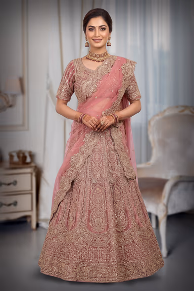 Rose Pink with Gold Embellishments Bridal/Partywear Lehenga Choli with Dupatta — view 2 of 3