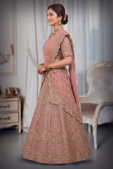 Rose Pink with Gold Embellishments Bridal/Partywear Lehenga Choli with Dupatta — view 3 of 3