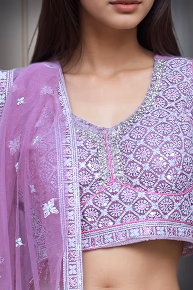 Rose Pink Heavy Stone Work Embellished Crop Top Lehenga With Same Colour Dupatta — view 4 of 4