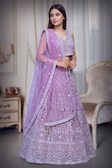 Rose Pink Heavy Stone Work Embellished Crop Top Lehenga With Same Colour Dupatta — view 3 of 4
