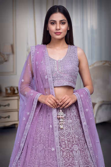 Rose Pink Heavy Stone Work Embellished Crop Top Lehenga With Same Colour Dupatta — view 1 of 4