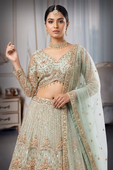 Royal Sage Green and Gold Intensive Sequin & Bead Embellished Lehenga Choli — view 1 of 2