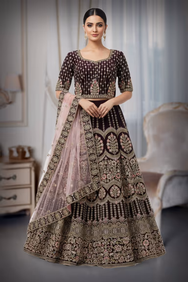 Royal wine velvet with intricate gold and blush embroidery — view 2 of 2