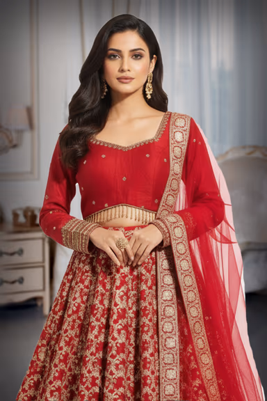 Ruby Red Silk Lehenga with All-Over Gold Floral "Jaal" Embroidery and Architectural Border. — view 1 of 2