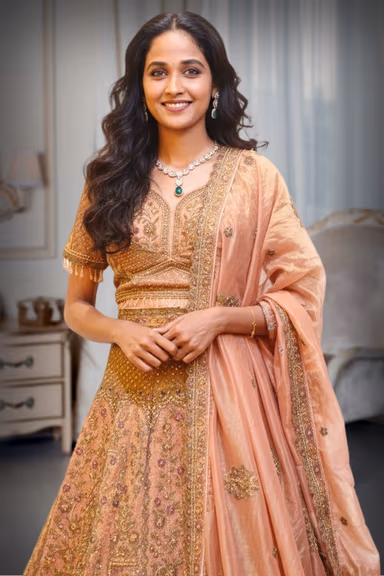 Rusty Orange Heavy Embellished Wedding Lehenga With Same Color Crop Top And Dupatta — view 1 of 2