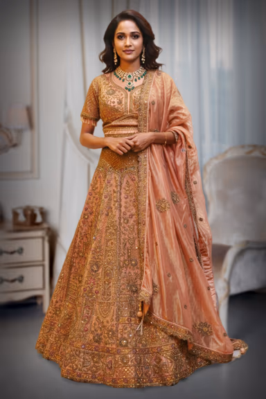 Rusty Orange Heavy Embellished Wedding Lehenga With Same Color Crop Top And Dupatta — view 2 of 2