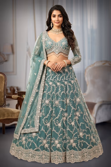Elegant Sage Green Lehenga Featuring Intricate White Floral Threadwork, Dangle Details, And A Net Dupatta — view 2 of 2