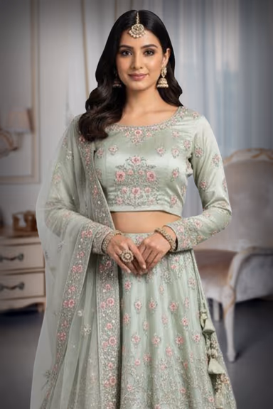 Sage Green Silk Lehenga Choli with Intricate Floral Embroidery and Sequins — view 1 of 2