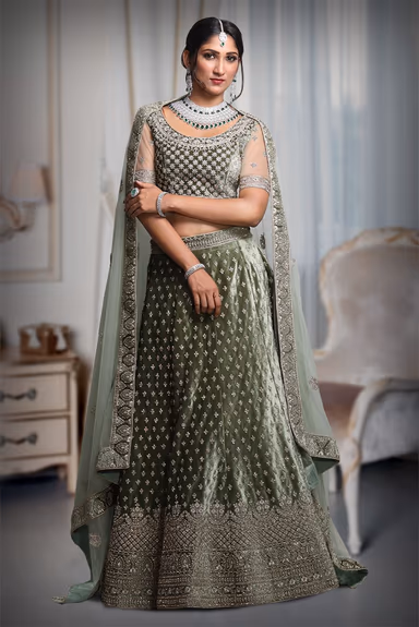 Sage Green Heavy Stone Worked Lehenga With Exquisite Detailing On Blouse And Dupatta — view 2 of 5