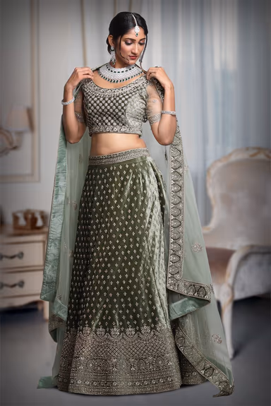 Sage Green Heavy Stone Worked Lehenga With Exquisite Detailing On Blouse And Dupatta — view 3 of 5