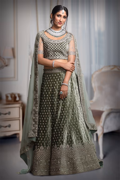 Sage Green Heavy Stone Worked Lehenga With Exquisite Detailing On Blouse And Dupatta — view 4 of 5