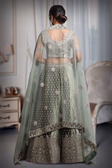 Sage Green Heavy Stone Worked Lehenga With Exquisite Detailing On Blouse And Dupatta — view 5 of 5