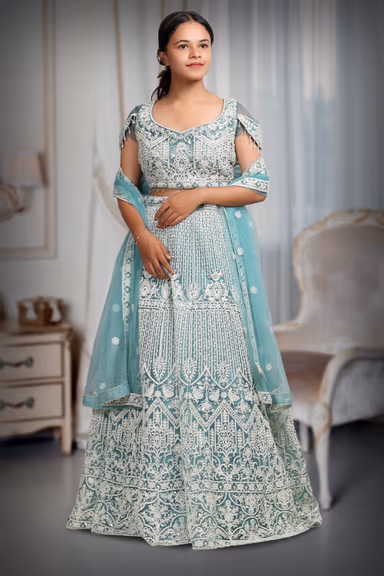 Sea Blue Bridal Lehenga With Intricate Stone Work Details Along With Same Color Dupatta — view 2 of 4