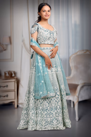 Sea Blue Bridal Lehenga With Intricate Stone Work Details Along With Same Color Dupatta — view 3 of 4