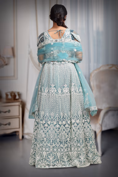 Sea Blue Bridal Lehenga With Intricate Stone Work Details Along With Same Color Dupatta — view 4 of 4
