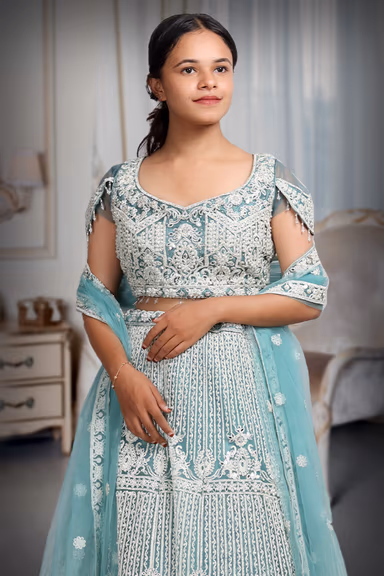 Sea Blue Bridal Lehenga With Intricate Stone Work Details Along With Same Color Dupatta — view 1 of 4