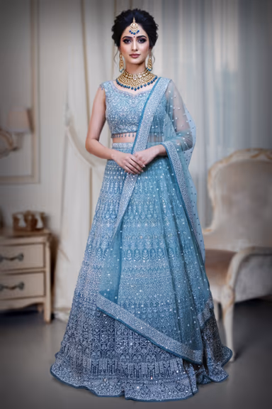Sea Green Heavy Embroidered Bridal Lehenga with Sequins and Thread Work — view 2 of 3