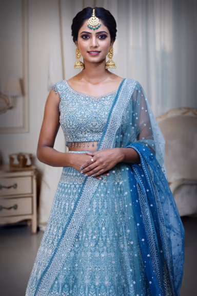 Sea Green Heavy Embroidered Bridal Lehenga with Sequins and Thread Work — view 1 of 3