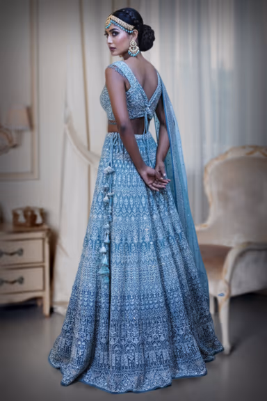 Sea Green Heavy Embroidered Bridal Lehenga with Sequins and Thread Work — view 3 of 3