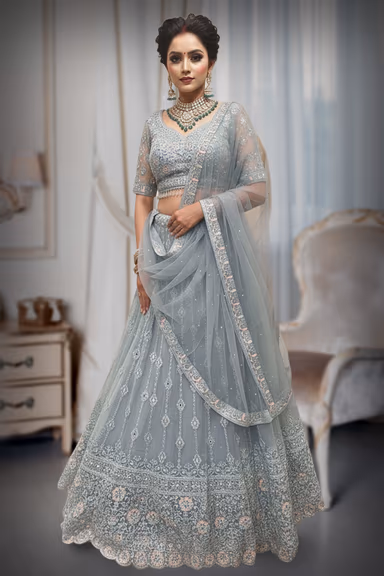 Semi Bridal Lehenga , Ash Blue Colour  with Thread work and Netted Dhuppatta — view 2 of 2